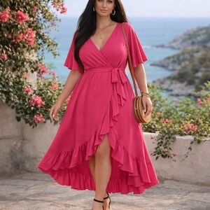 Pink Faux Wrap Maxi Dress 2XL Ruffle High Low Tie Waist Resort Wear